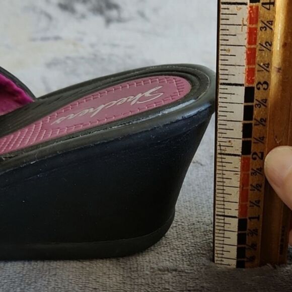 Skeckers, Sz 6, Black Faux Suede/Studs Strappy Mules Slip on Wedge Heels - Picture 9 of 9